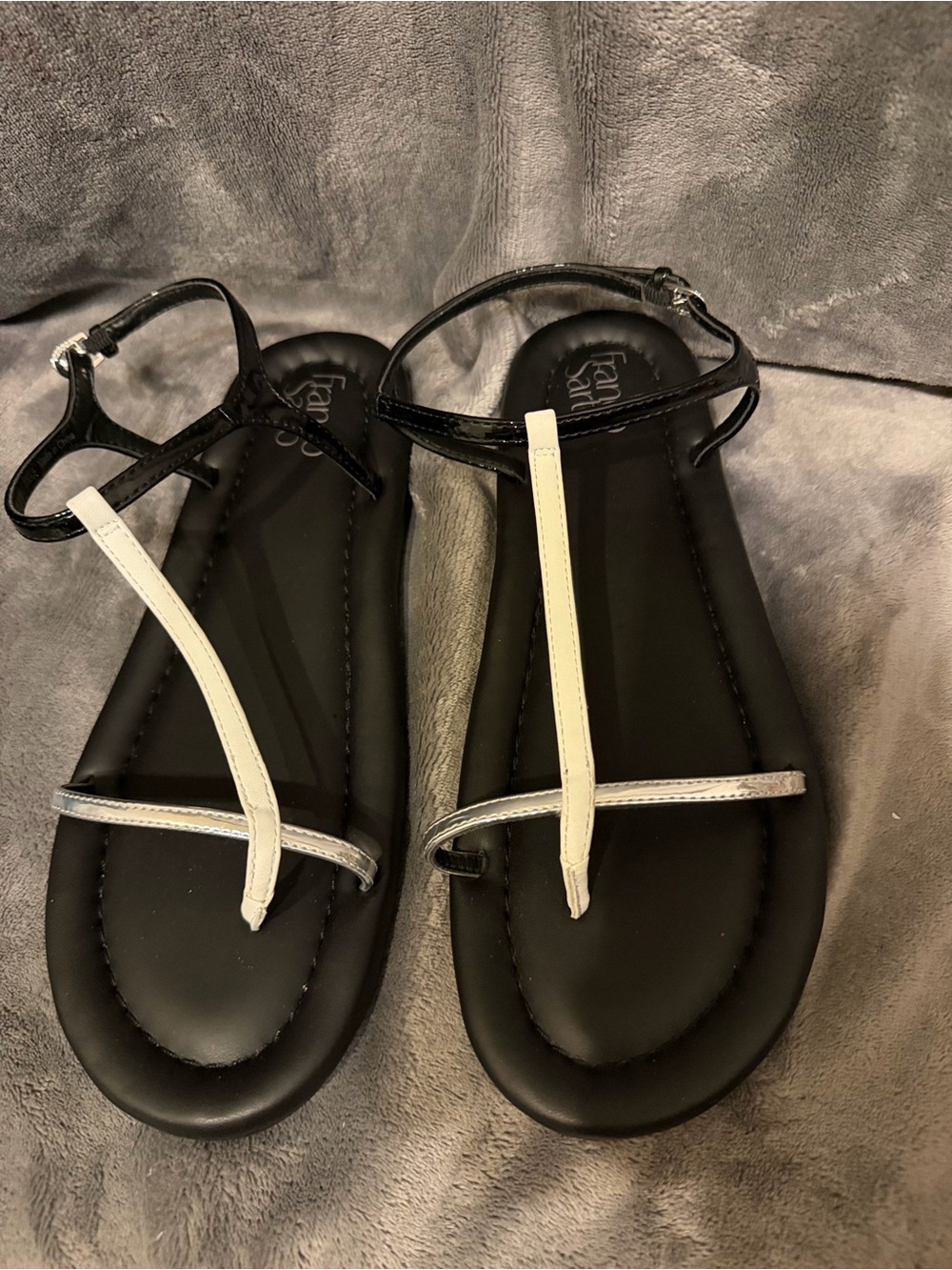 New Franco Sarto Black Sandals with White and Silver Straps